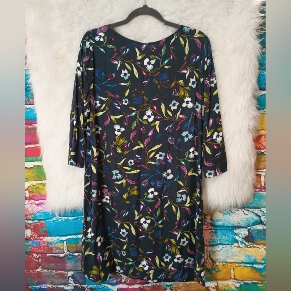 J Jill Navy Blue Floral 3/4 Sleeve Boat Neck Pullover Shift Dress Size M